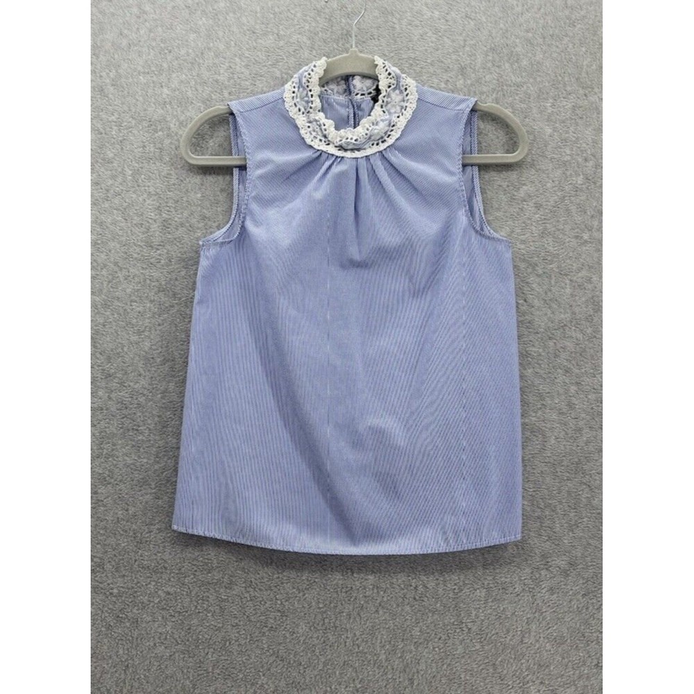 Zara Women's Blouse Sleeveless Crochet Neck Size XS Blue Striped High Neck